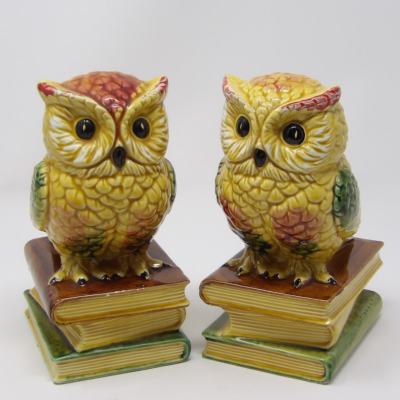 Pair Vintage Owl Bookends Owls Sitting on Books Yellow With Etsy