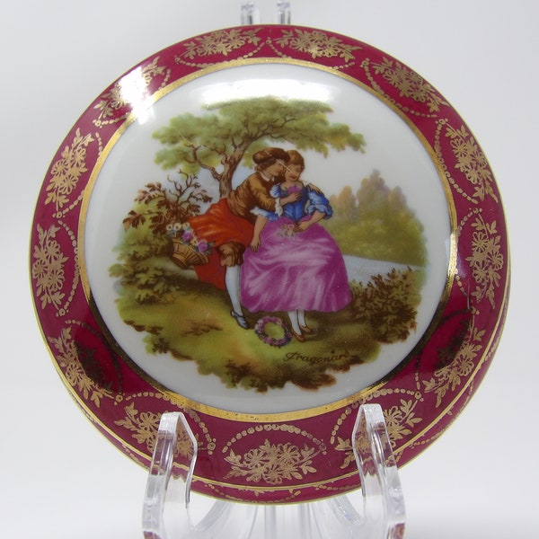 Vintage RH Limoges France Powder Vanity Trinket Box Burgandy and off white with gold accents with Victorian Courting Couple Depicted on Lid