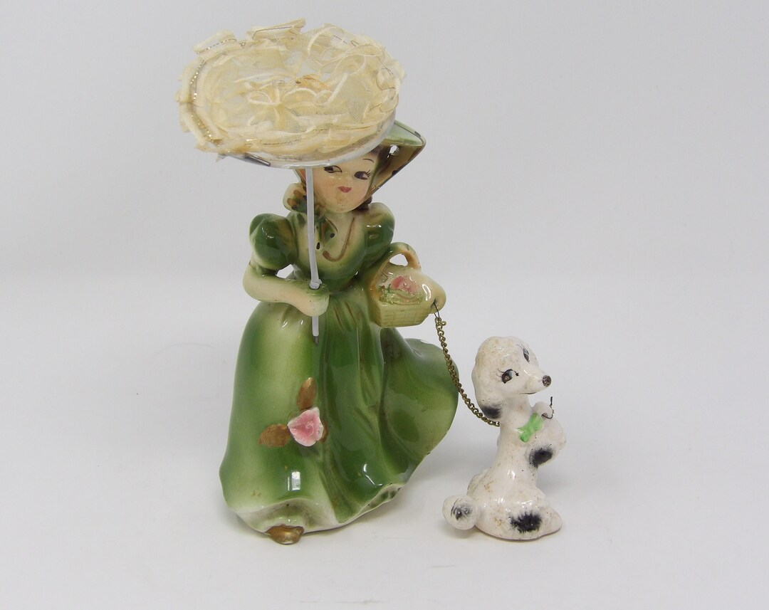 Vintage Girl in Green Hat Green Dress Holding Umbrella and Etsy