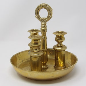 Vintage Neiman Marcus Brass Candlestick Holder Trio Candelabra with Handle Very Heavy Made in Hong Kong 7&quot; H x 7&quot; W