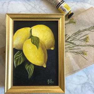 Original Lemon Oil Painting, Kitchen Still Life wall decor, Vintage Gold Frame original oil paint.