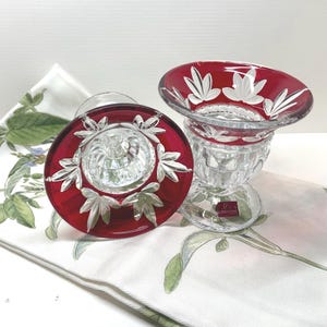 Vintage Pair of Mikasa Corinth Ruby Cut  Glass Candleholders, France crystal candle  holders, center table , elegant candleholders