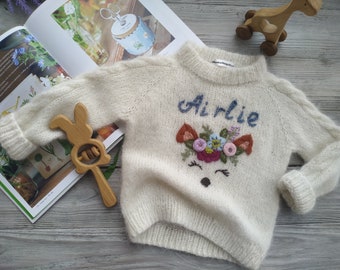 Handmade knit sweater with embroidered kid's name, fox. Personalized custom wool sweater for baby girl. Gift for goddaughter on 1st birthday