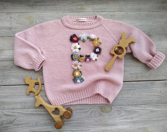 Sweater with baby name. Personalized custom knit handmade cotton spring, summer knitted sweater with flowers embroidery for kids & girls.