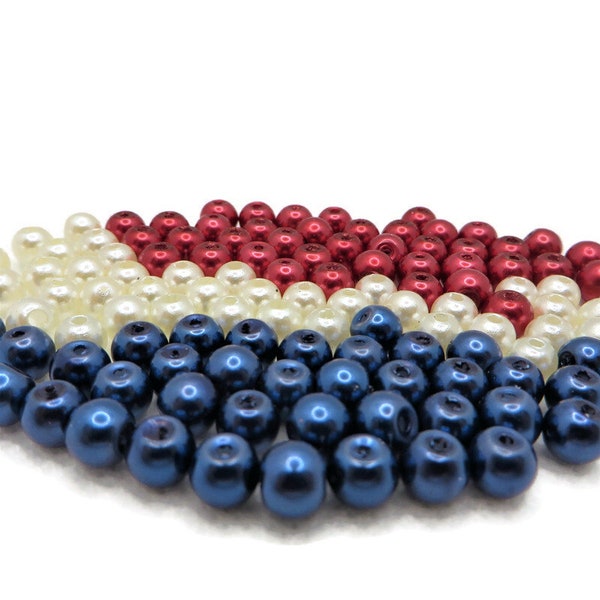 Red, White And Blue Glass Pearl Bead Mix, Fourth Of July Patriotic Bead Mix, 6mm Glass  Pearl Beads, Mixed Bead Colors,  Bead Grab Bag