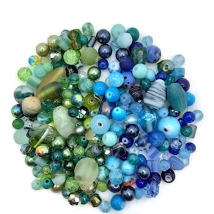 Caribbean Waters Bead Soup Mix, 4oz Glass Bead Mix, Mixed Loose Lot Of Beads, Bulk Glass Beads, Mixed Beads Colors Shapes, Bead Grab Bag.