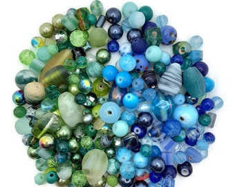 Caribbean Waters Bead Soup Mix, 4oz Glass Bead Mix, Mixed Loose Lot Of Beads, Bulk Glass Beads, Mixed Beads Colors Shapes, Bead Grab Bag.