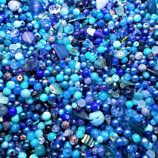 Blue Bead Soup Mix, 4oz Glass Bead Mix, Mixed Loose Lot Of Beads, Bulk Glass Beads, Mixed Beads Colors Shapes & Sizes, Bead Grab Bag.