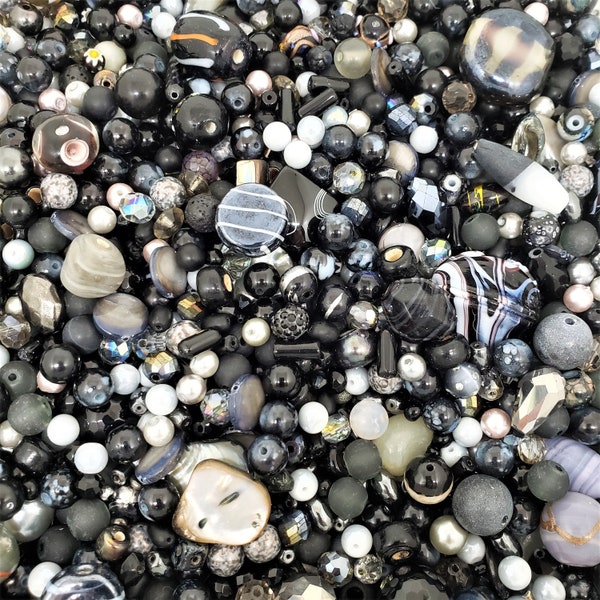 Black Bead Soup Mix, 4oz Glass Bead Mix, Mixed Loose Lot Of Beads, Bulk Glass Beads, Mixed Beads Colors Shapes & Sizes, Bead Grab Bag.