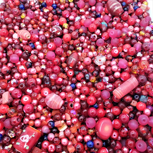 Red Bead Soup Mix, 4oz Glass Bead Mix, Mixed Loose Lot Of Beads, Bulk Glass Beads, Mixed Beads Colors Shapes & Sizes, Bead Grab Bag.