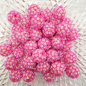 20mm Deep Pink Flower Rhinestone Bubblegum Beads, Resin Gumball Beads in Bulk, Bubble Gum Beads, Shiny Chunky Necklace Beads, Jewelry Beads