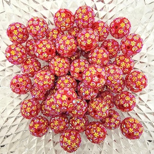 20mm Red Flower Rhinestone Bubblegum Beads, Resin Gumball Beads in Bulk, Bubble Gum Beads, Shiny Chunky Necklace Beads, Jewelry Beads