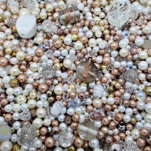 White Silver Gold Bead Soup Mix,4oz Glass Bead Mix, Mixed Loose Lot Of Beads,Bulk Glass Beads,Mixed Beads Colors Shapes/Sizes, Bead Grab Bag