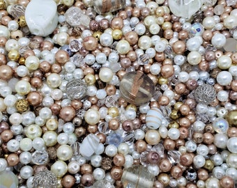 White Silver Gold Bead Soup Mix,4oz Glass Bead Mix, Mixed Loose Lot Of Beads,Bulk Glass Beads,Mixed Beads Colors Shapes/Sizes, Bead Grab Bag