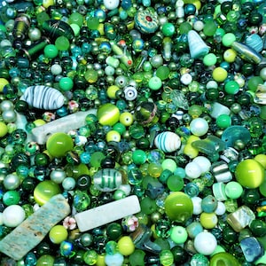 Green Bead Soup Mix, 4oz Glass Bead Mix, Mixed Loose Lot Of Beads, Bulk Glass Beads, Mixed Beads Colors Shapes & Sizes, Bead Grab Bag.