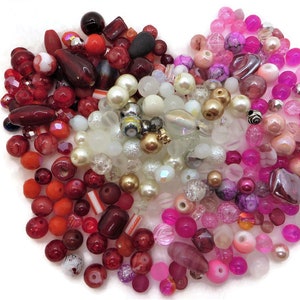 Valentines Day Bead Soup Mix, 4oz Glass Bead Mix, Mixed Loose Lot Of Beads, Bulk Glass Beads,Mixed Beads Colors Shapes & Sizes,Bead Grab Bag