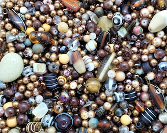 Brown Bead Soup Mix, 4oz Glass Bead Mix, Mixed Loose Lot Of Beads, Bulk Glass Beads, Mixed Beads Colors Shapes & Sizes, Bead Grab Bag.