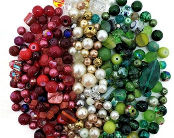 Christmas Bead Soup Mix, 4oz Glass Bead Mix, Mixed Loose Lot Of Beads, Bulk Glass Beads, Mixed Beads Colors Shapes & Sizes, Bead Grab Bag.