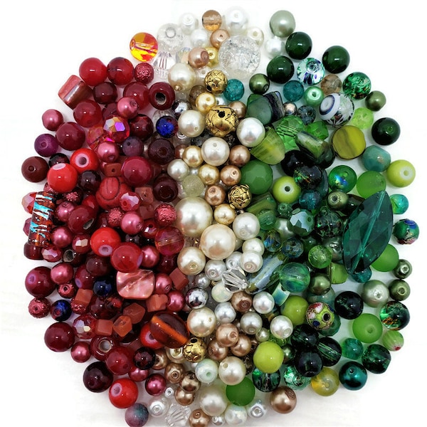 Christmas Bead Soup Mix, 4oz Glass Bead Mix, Mixed Loose Lot Of Beads, Bulk Glass Beads, Mixed Beads Colors Shapes & Sizes, Bead Grab Bag.