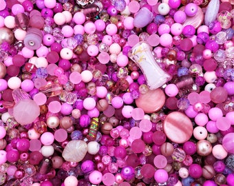 Pink Bead Soup Mix, 4oz Glass Bead Mix, Mixed Loose Lot Of Beads, Bulk Glass Beads, Mixed Beads Colors Shapes & Sizes, Bead Grab Bag.