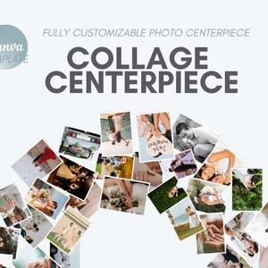 Puede incluir: Una plantilla de centro de mesa de collage con un fondo gris claro. Las palabras "FULLY CUSTOMIZABLE PHOTO CENTERPIECE" y "COLLAGE CENTERPIECE" se muestran en texto gris. Una colección de fotos está dispuesta en forma de arco. El logotipo de Canva Template está en la esquina superior izquierda.