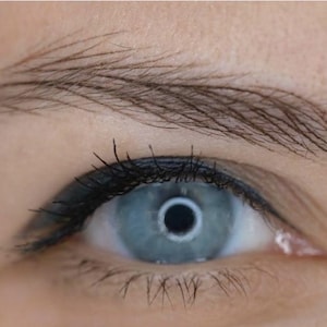 May include: Close-up of a blue eye with dark eyeliner and a defined eyebrow.