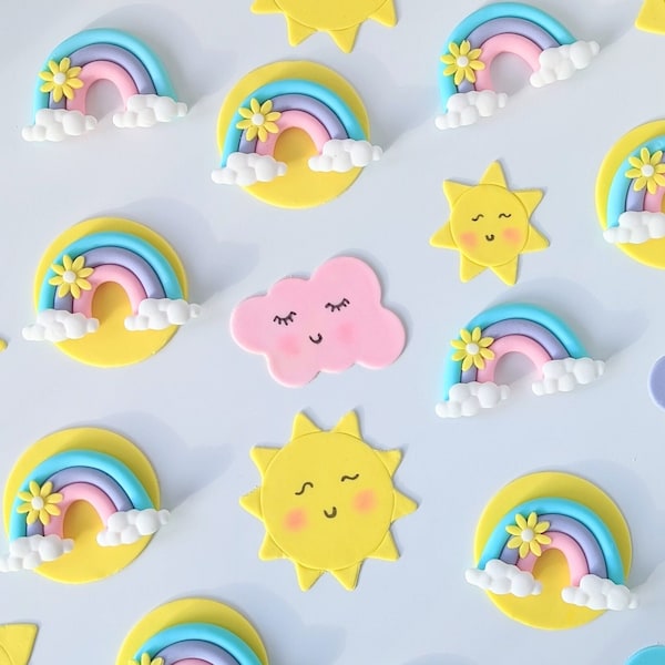 Toppers de cupcake de fondant de arco iris y sol, decoraciones comestibles de pastel de fondant de arco iris y sol