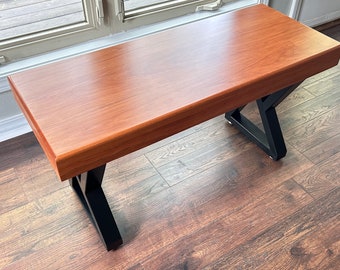 SHORT Cherrywood Bench Or Coffee Table Solid 34 1/2 - 35 1/2 Inches Mid-Century Modern, Metal Legs, Rich Patina, Smooth Finish