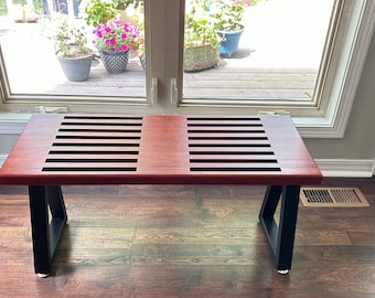 Cherrywood Slatted Bench: Mid-Century Modern Scandinavian Style Short Length