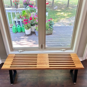 Oak Slatted Bench, Mid-Century Modern, Scandinavian Type, George Nelson Lines, New Strong Metal Legs Custom Orders Made