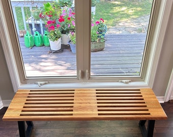 Oak Slatted Bench: Mid-Century Modern Metal Leg Seating