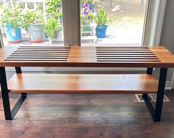 Mid-Century Modern Cherrywood Bench with Shelf, Slatted Coffee Table with Shelf for Books and Decor, Entryway