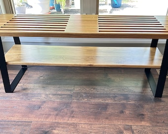 Mid-Century Modern Oak Bench with Shelf, 50- 51 Inches in Length, Slatted, Coffee Table with Shelf for Books and Decor