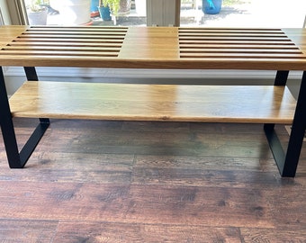 Mid-Century Modern Oak Bench with Shelf, 50- 51 Inches in Length, Slatted, Coffee Table with Shelf for Books and Decor