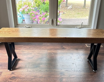 Clearance Sale, Perfect Solid Oak Benches, Mid-Century Modern, Attractive Metal Legs. 50-52 Inches Long