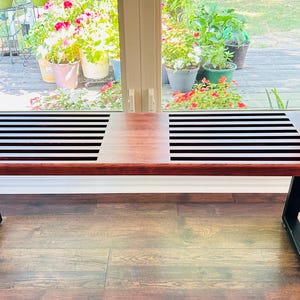 Rich Cherrywood Slatted Bench, Mid-Century Modern, George Nelson Style, Top Quality Seating, Small Sizes Available