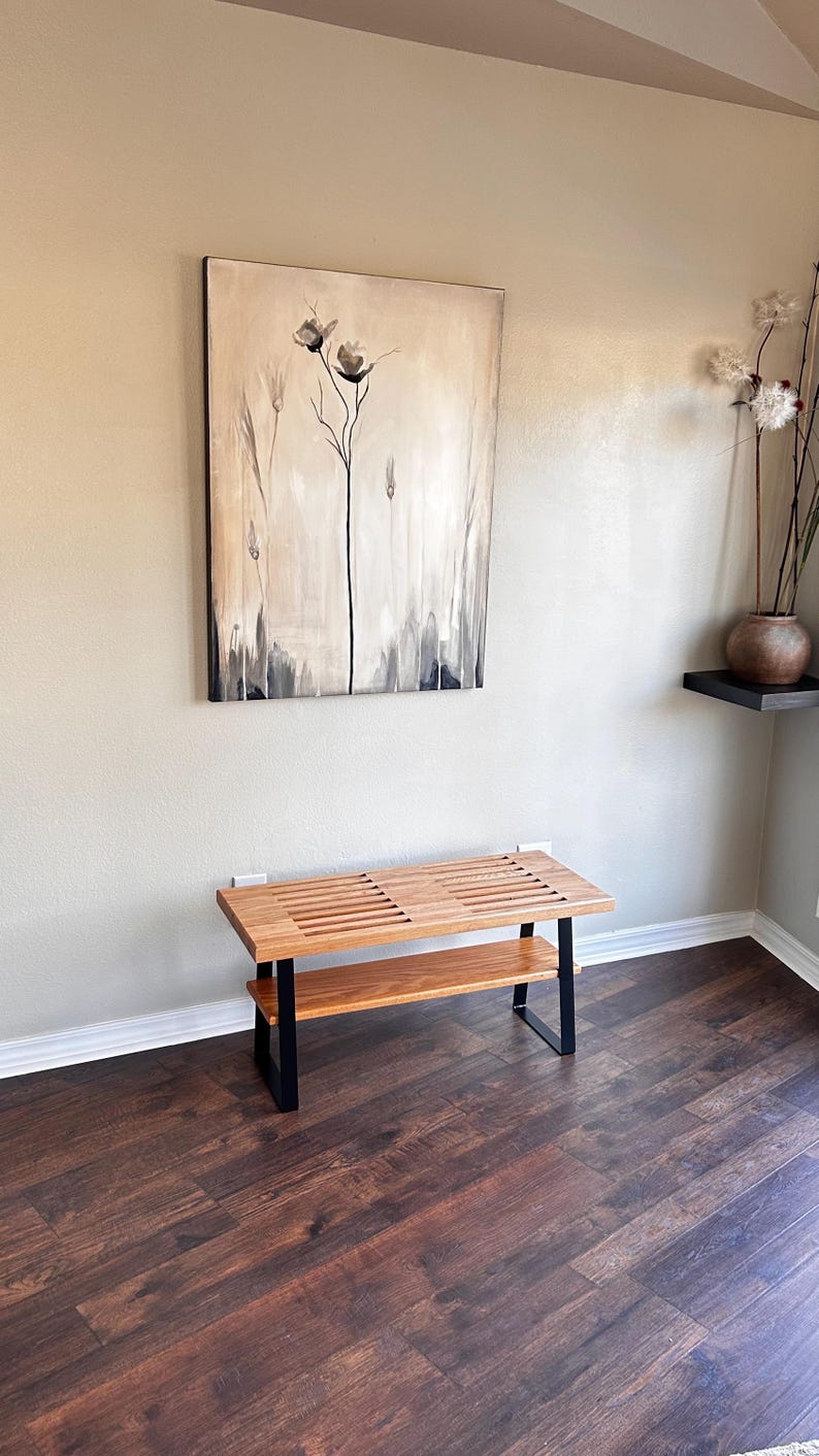 Banco de listones de roble con estante: Banco de entrada estilo George Nelson corto imagen 1