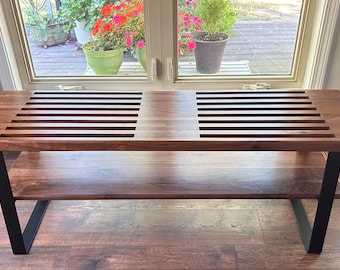 Walnut Bench with Shelf, Mid-Century Modern, Space Saver Shelf for Books and shoes, Entryway, Mudroom, 16” and 18” Legs available