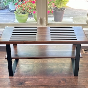Short Walnut Slatted Bench with Shelf, George Nelson Style Perfect for Small Spaces, Coffee Table, Entryway, Shoes, Closet