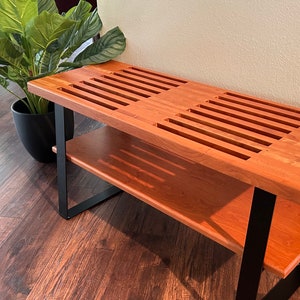 Short Cherrywood Slatted Bench with Shelf George Nelson Style Perfect for Small Spaces, Coffee Table, Entryway, Shoes, Closet