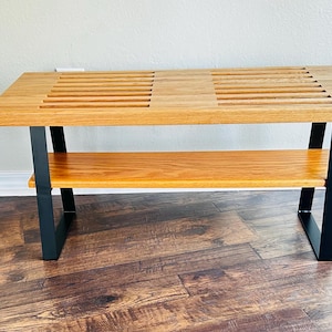 Short Oak Slatted Bench WITH Shelf, George Nelson Style, Multi-Use Bench for Small Spaces, Coffee Table Entryway Living Room Dining Bench