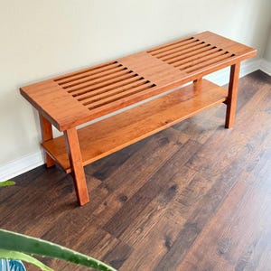 Extra Long 60” Handmade Cherrywood Entryway Bench: Mid-Century Modern Slatted Shelf