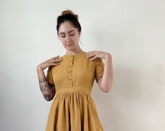Linen retro yellow dress, size 8, height 5'6".