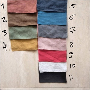 May include: A colour chart of 11 fabric swatches. The swatches are arranged vertically from top to bottom. The swatches are numbered 1 through 11 on the right side of the image. The swatches are in the following colours: red, brown, green, yellow, pink, red, white, black, blue, grey, and blue.