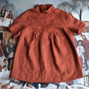 May include: A rust-coloured linen blouse with a high neckline and short sleeves. The blouse has a V-shaped neckline with pleats and a decorative seam detail.