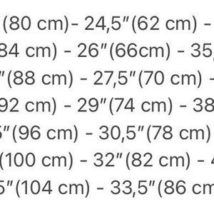May include: Size chart for clothing with measurements in inches and centimetres. Sizes range from 2 to 14. Each size lists three measurements in inches and centimetres.