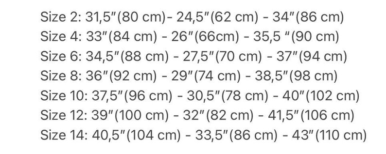 May include: Size chart for clothing with measurements in inches and centimetres. Sizes range from 2 to 14. Each size lists three measurements in inches and centimetres.