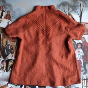 May include: A rust-coloured linen top with a high neckline and short sleeves. The back of the top features a unique design with three vertical pleats that create a V-shape.
