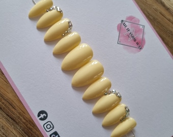 Pastel Yellow with Gem Accent Custom Press On Nails • Lemon • Stick On Nails • Summer • Pre-sized  • Prep Kit • Glue