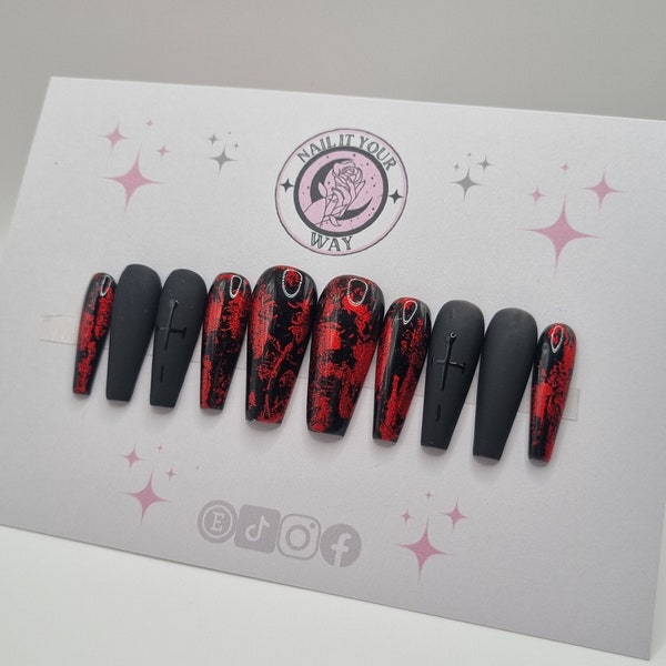 Black & Red Foil Dagger Custom Press On Nails • Matte • Glossy • Stick On Nails • Temporary • Pre-sized • Prep Kit • Glue • Sticky Gel Tabs